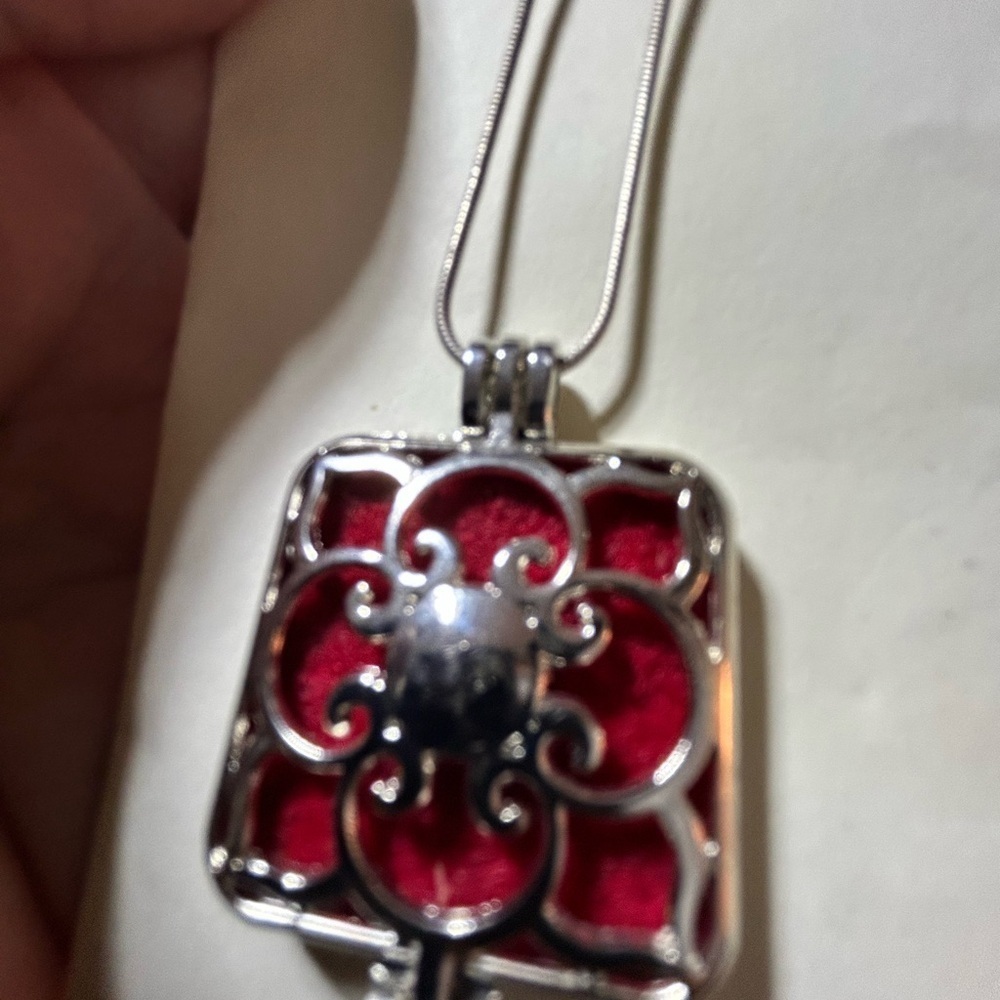 Elegant Silver and Red  diffuser Pendant Necklace - add essential oil of choice.